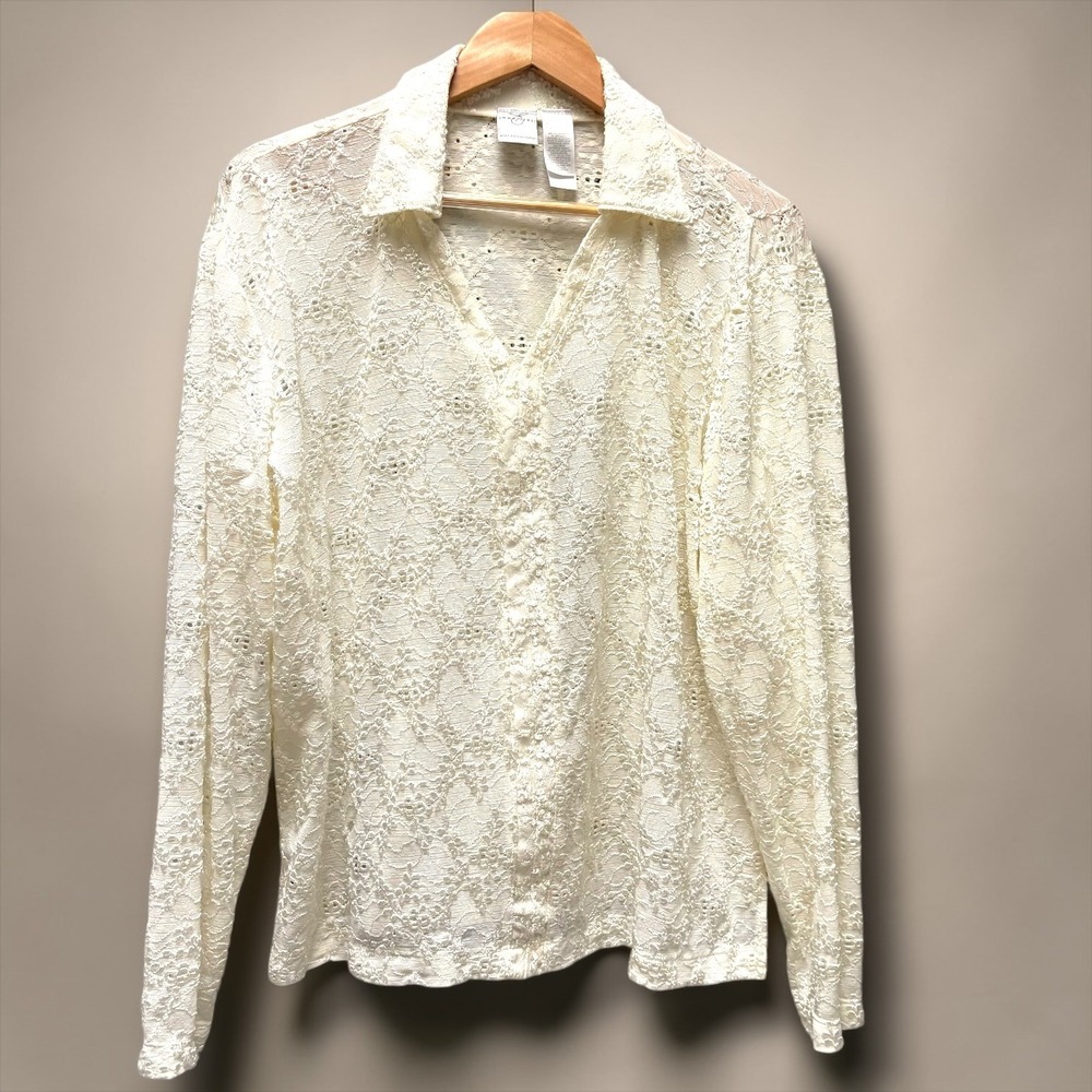 Emma James Liz Claiborne Ivory Floral Lace V-Neck Long Sleeve Blouse XL